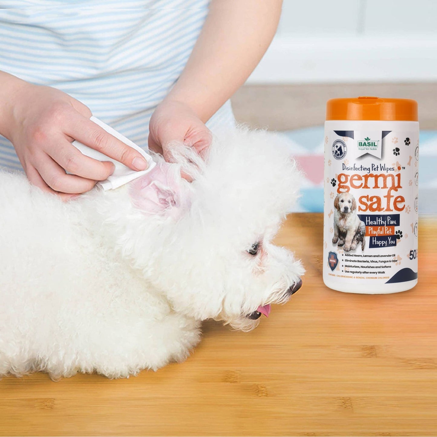 Basil Anti-Bacterial Pet Wipes for Dogs & Cats, 50 Wipes with Added Neem, Lemon, and Lavender Oil
