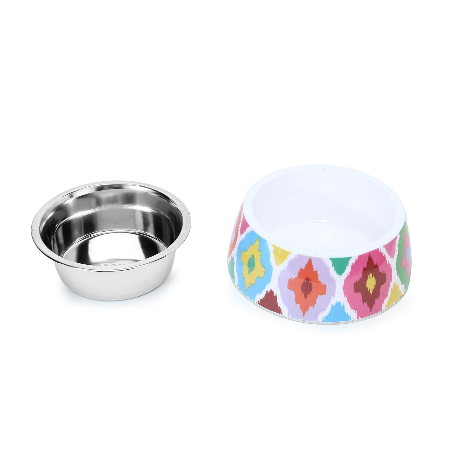 Basil Ikkat Pet Feeding Bowl, Stainless Steel & Melamine