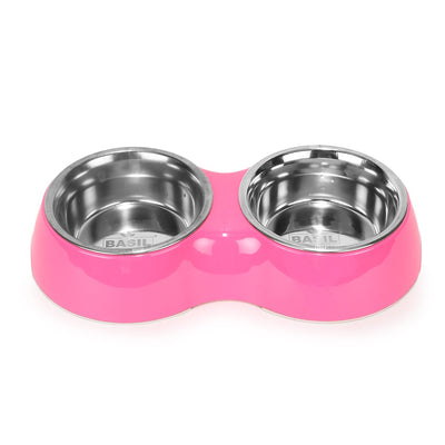 Basil Melamine Double Dinner Set Pet Feeding Bowls for food and water (Pink)