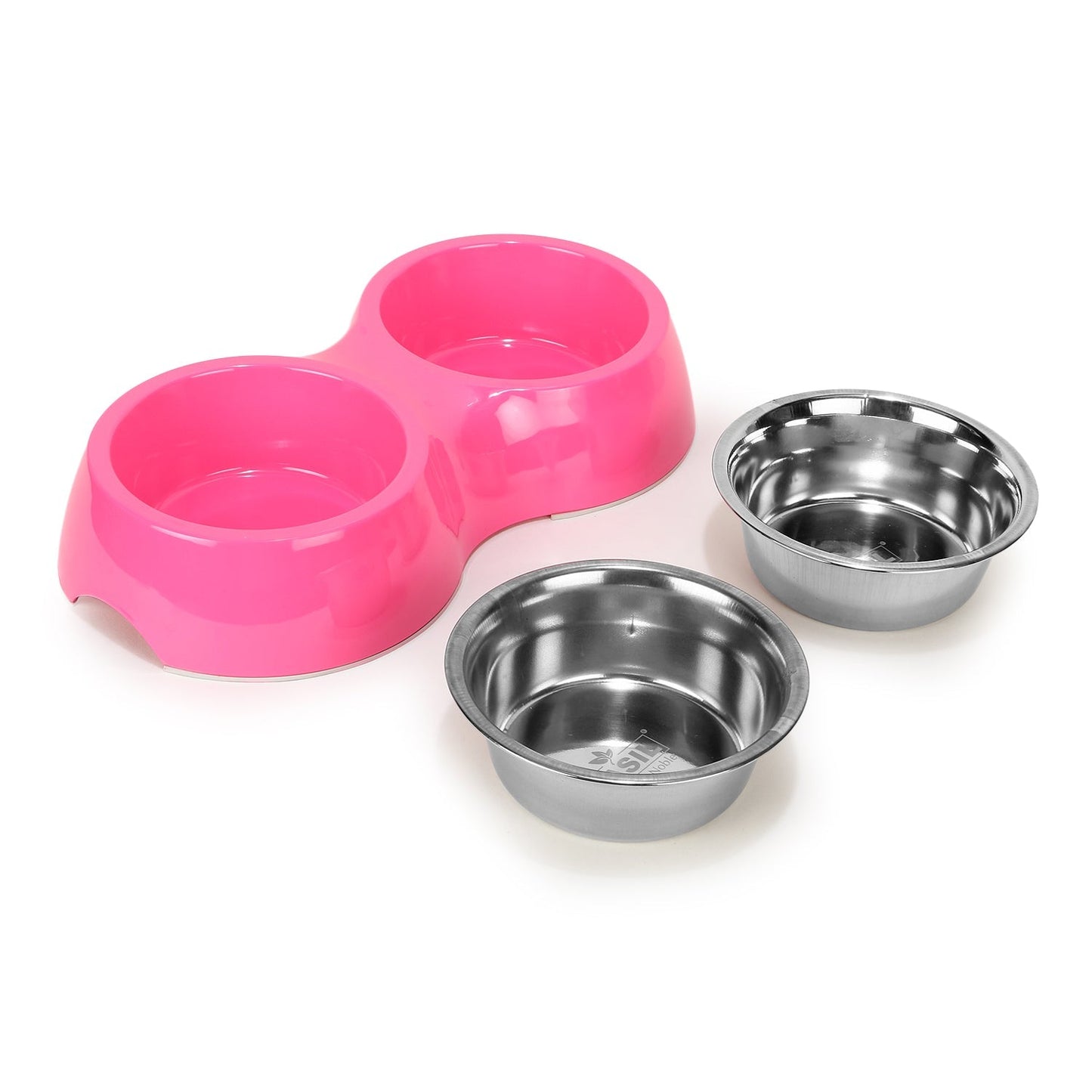 Basil Melamine Double Dinner Set Pet Feeding Bowls for food and water (Pink)