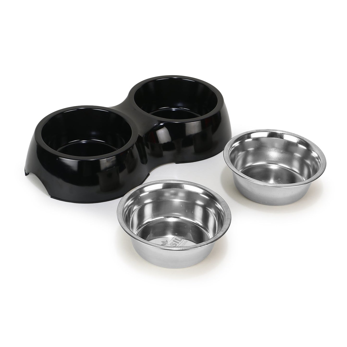 Basil Melamine Double Dinner Set Pet Feeding Bowls for Food and Water (Black)