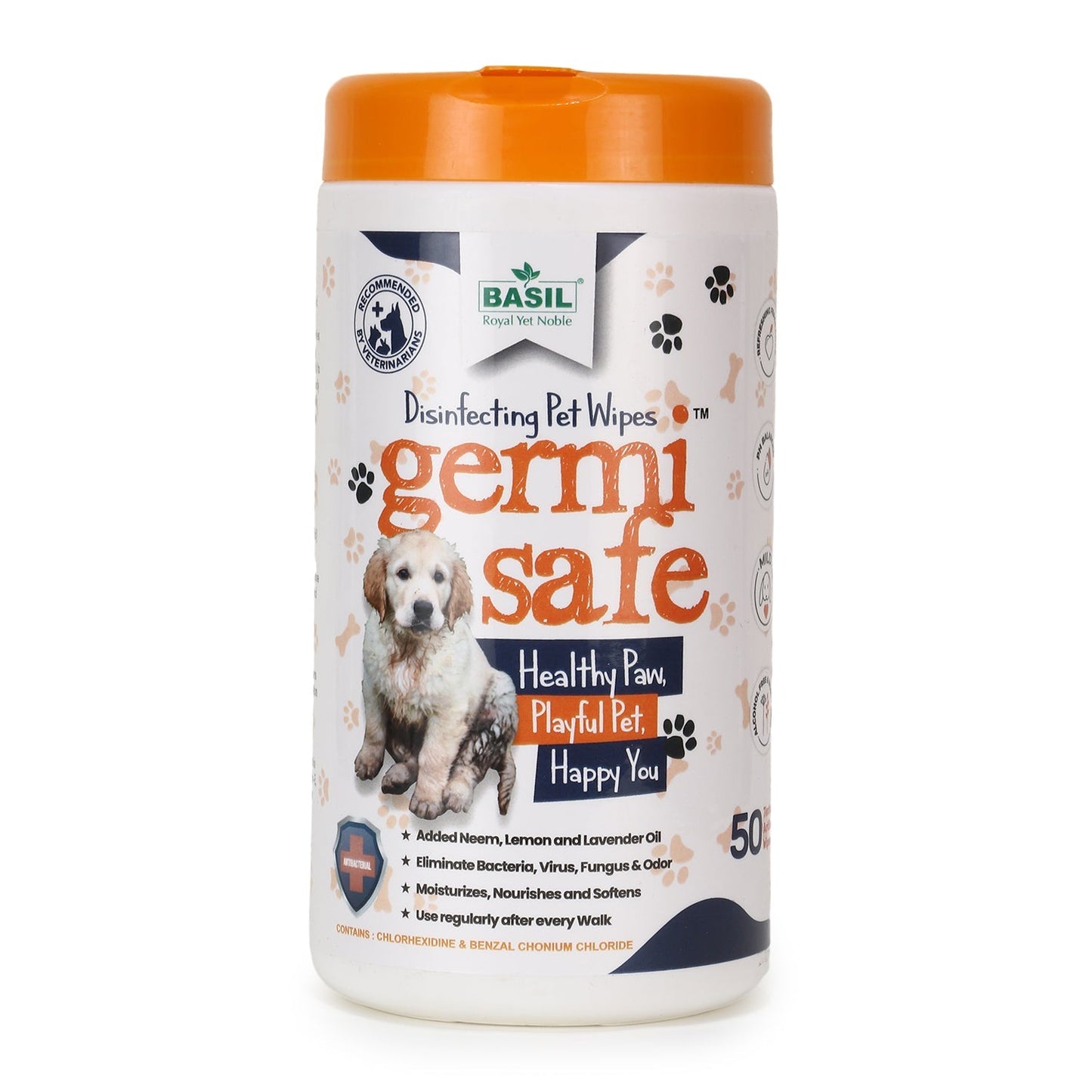 Basil Anti-Bacterial Pet Wipes for Dogs & Cats, 50 Wipes with Added Neem, Lemon, and Lavender Oil