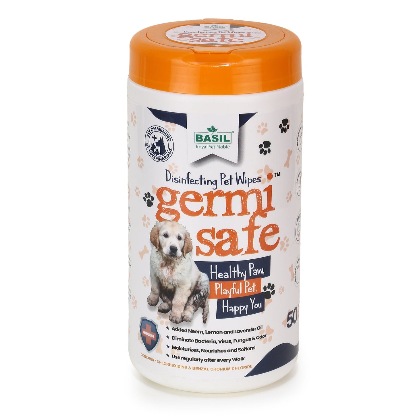 Basil Anti-Bacterial Pet Wipes for Dogs & Cats, 50 Wipes with Added Neem, Lemon, and Lavender Oil