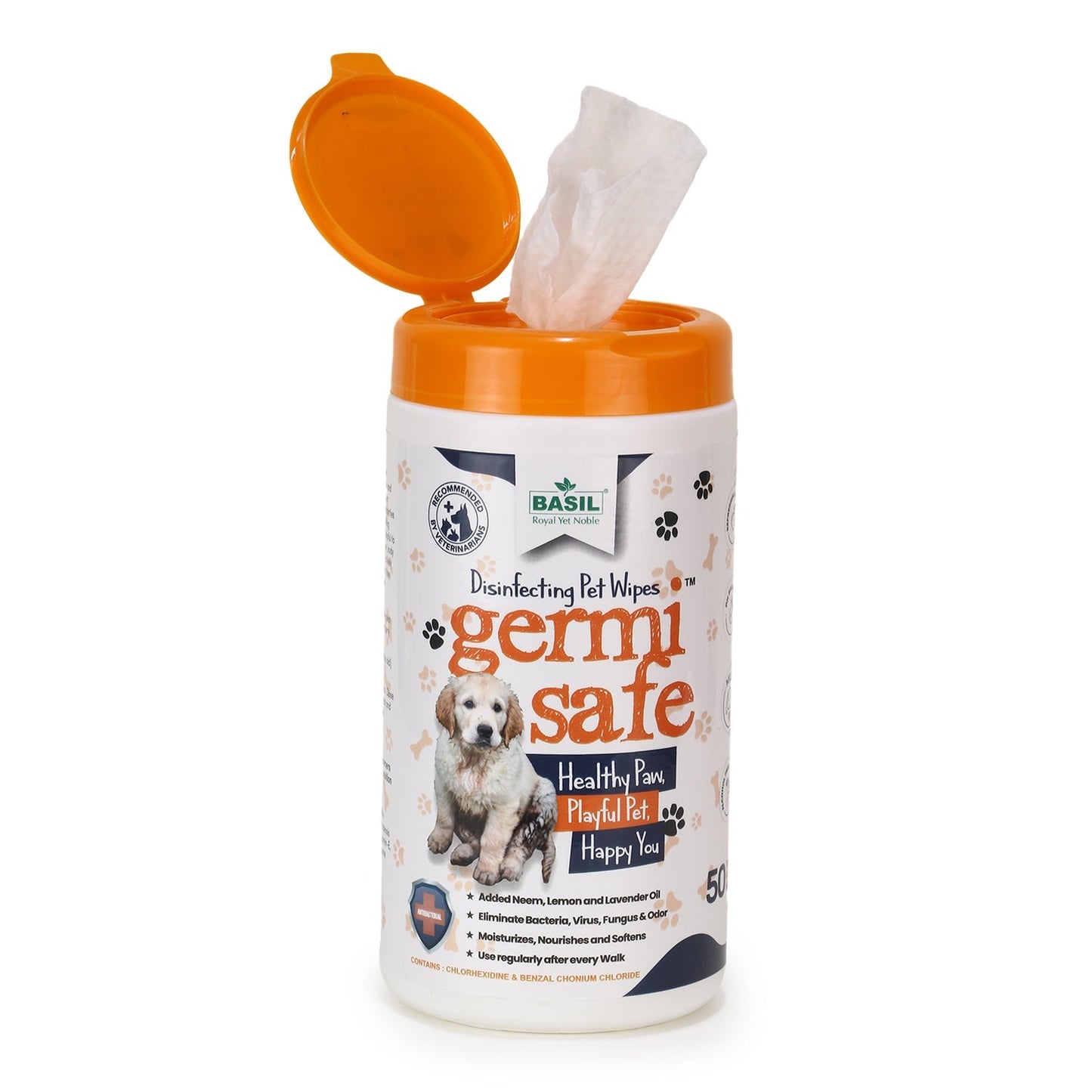 Basil Anti-Bacterial Pet Wipes for Dogs & Cats, 50 Wipes with Added Neem, Lemon, and Lavender Oil