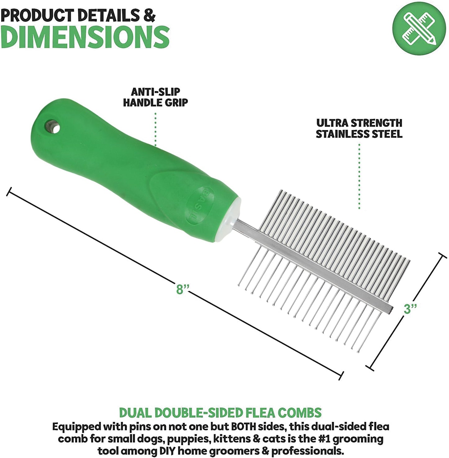 Basil Double Sided Pet Grooming Comb with Handle for Easy Grip