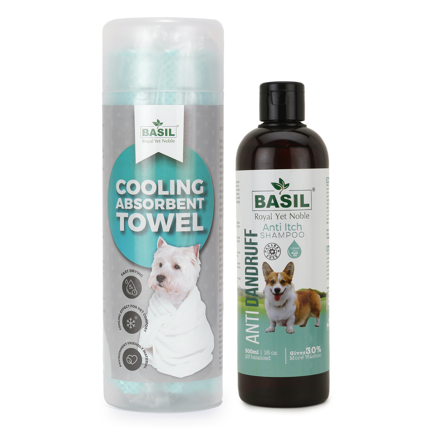 Basil Anti-Dandruff Anti-Itch Shampoo with High Absorbent Towel for Dogs & Puppies