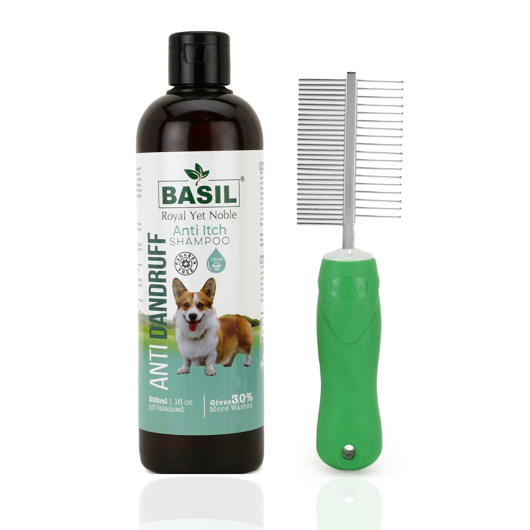 Basil Anti-Dandruff Anti-Itch Dog Shampoo with Grooming Comb (250ml)