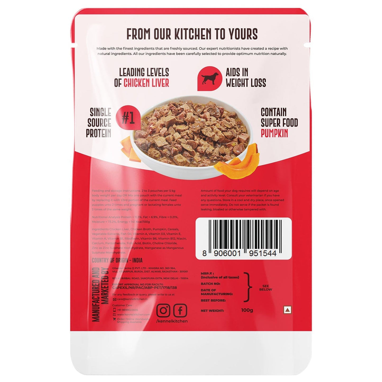 Kennel Kitchen Supreme Cuts in Gravy Chicken Liver With Pumpkin For Dogs - 100g each (Pack of 12)