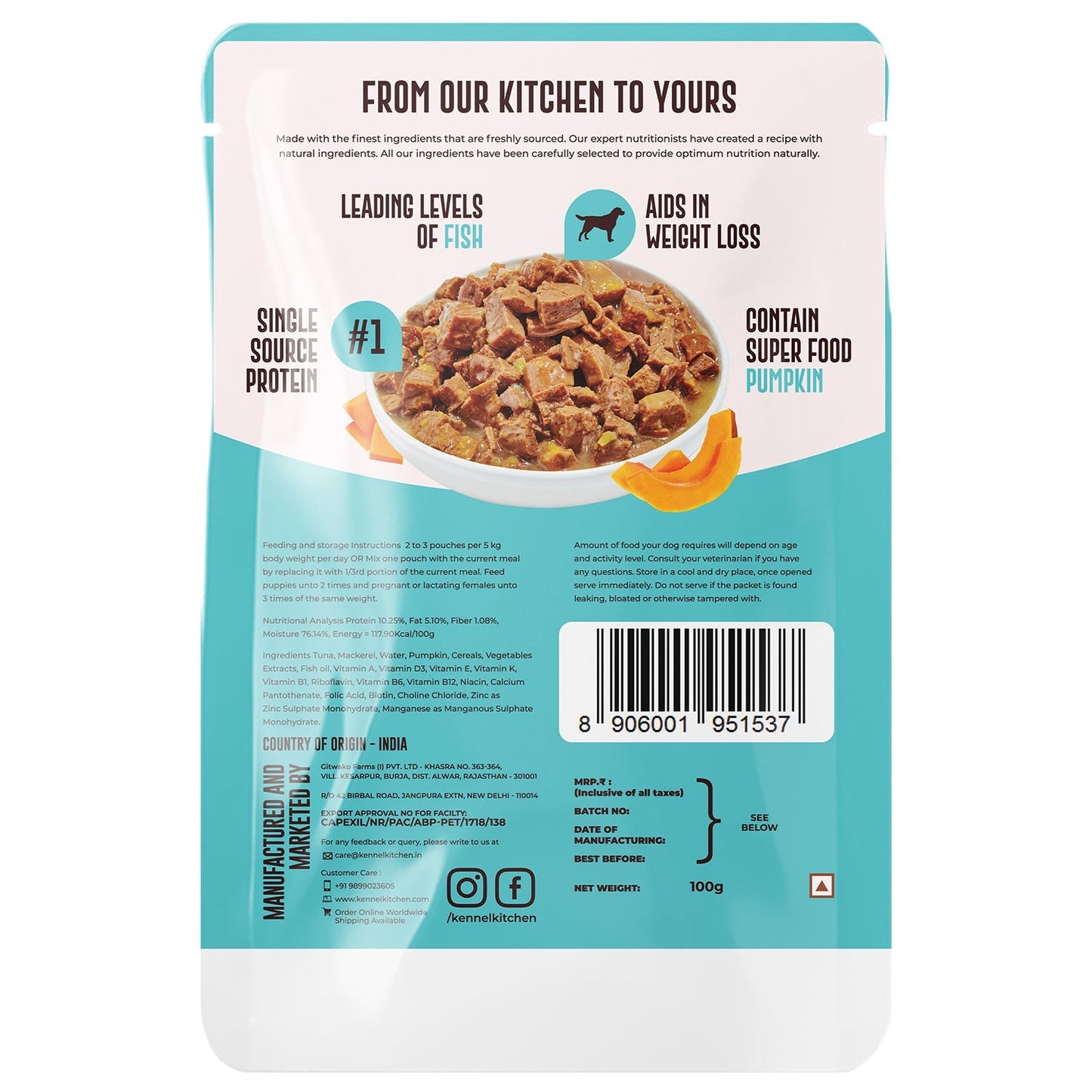 Kennel Kitchen Supreme Cuts in Gravy Fish With Pumpkin For Dogs - 100g each (Pack of 12)