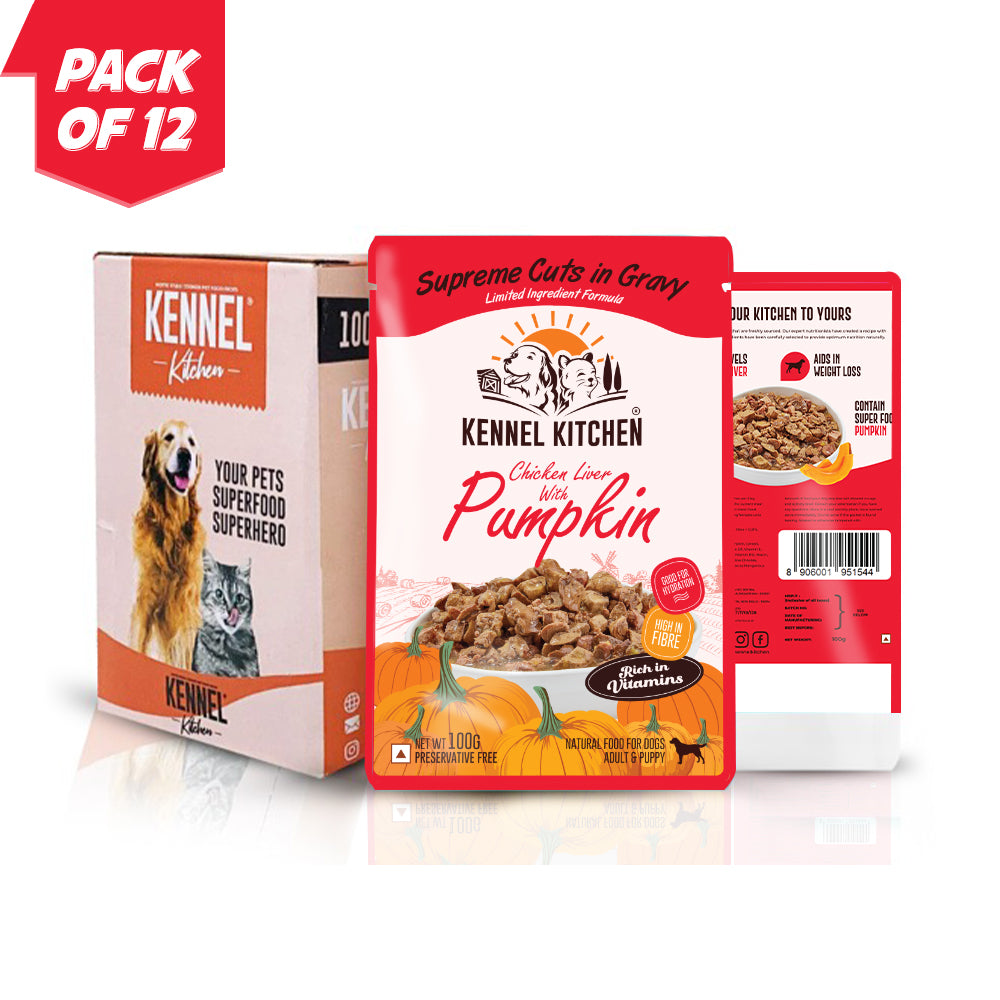 Kennel Kitchen Supreme Cuts in Gravy Chicken Liver With Pumpkin For Dogs - 100g each (Pack of 12)